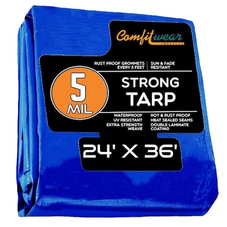 Comfitwear 5 MIL Standard Strong Multi-Purpose Tarp Cover Rust Proof Waterproof Reinforced Edges, Blue MT-2436